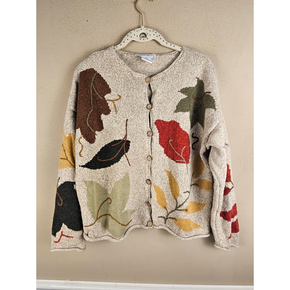Vintage Robert Scott Womens Silk Linen Blend Fall Leaf Cardigan Sweater Large